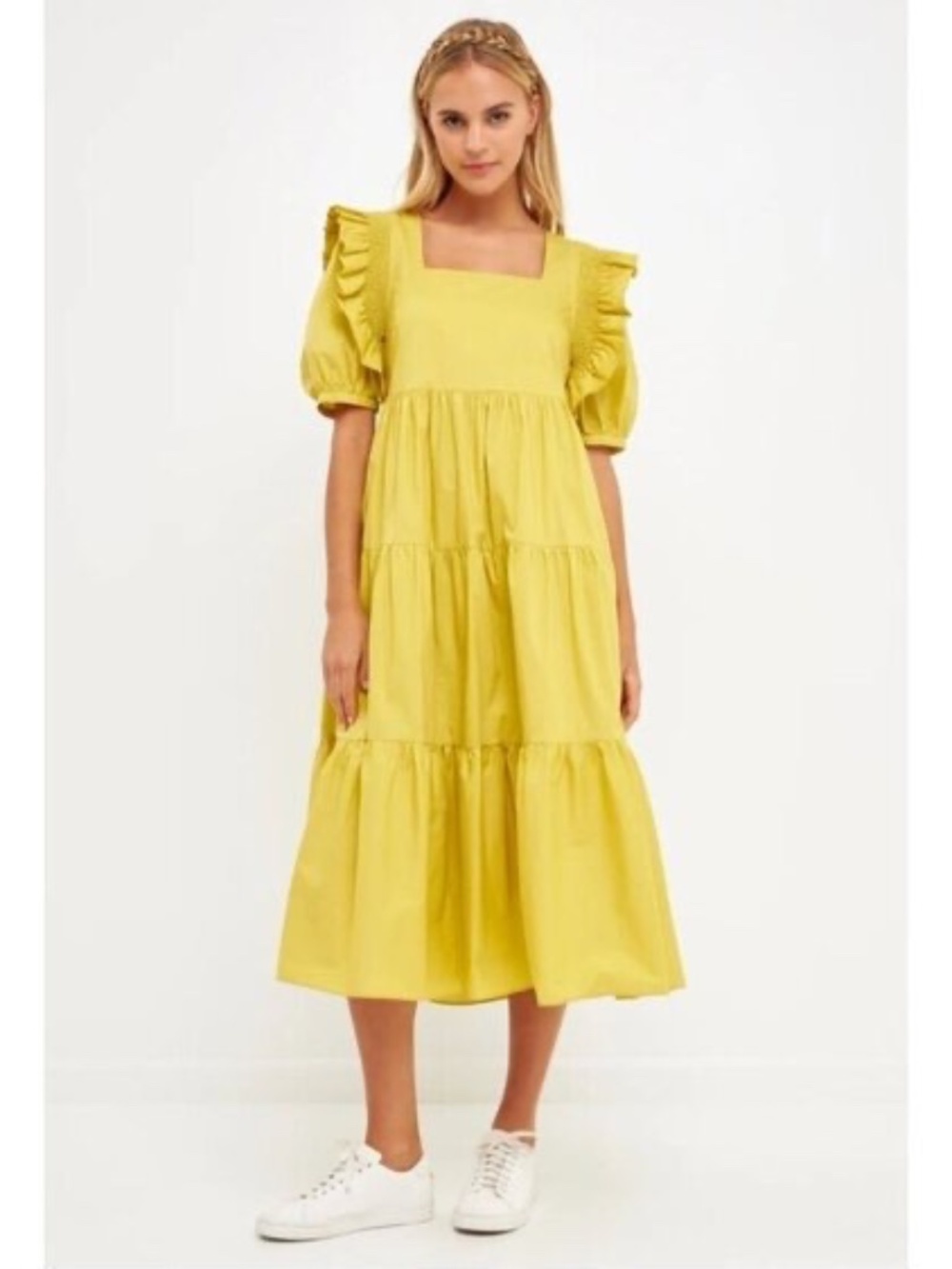 English Factory Tiered Square Neck Ruffle Smocked Midi Dress Lime Green Size S